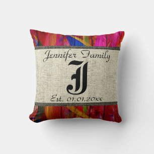 Coussin Monogram Rustique Toile de Jute Peinture Aspect Bo