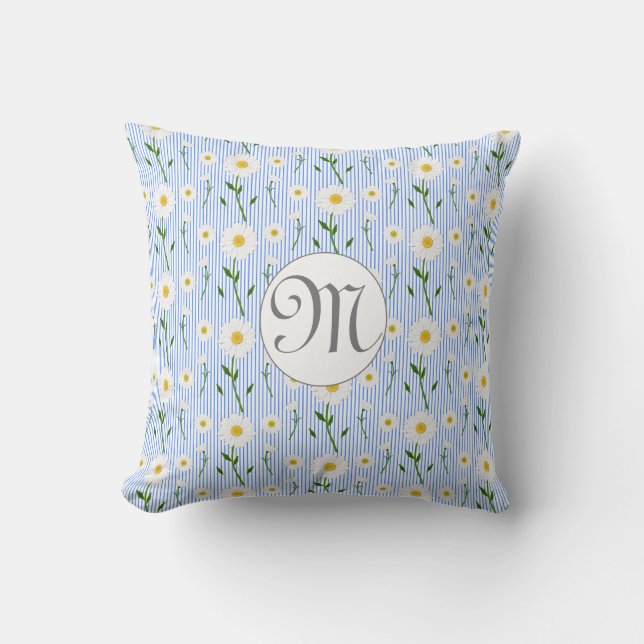Coussin Monogram Summer Daisy Floral Pattern Blue Stripe (Recto)