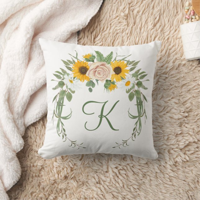 Coussin Monogram Tournesols Roses Verdure Floral Botanique (Couverture)