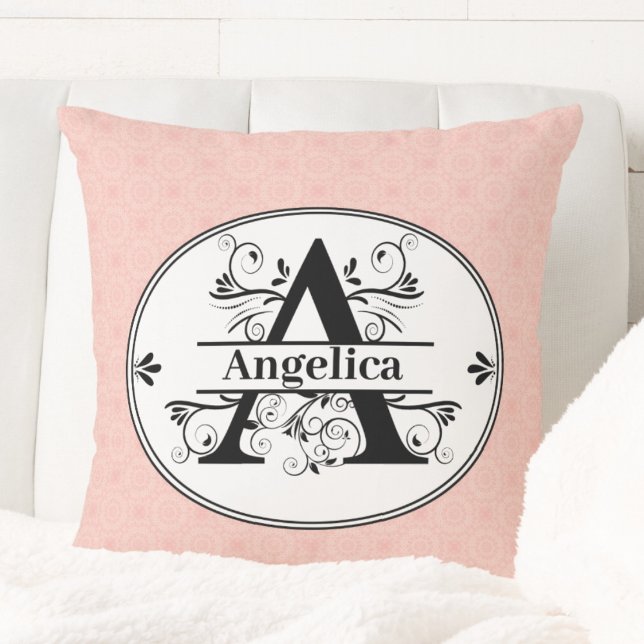 Coussin Monogramme A avec petit motif rose arrière - plan (Monogram A with small pink pattern background Throw Pillow)