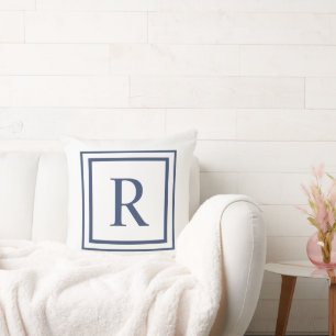 Coussin Monogramme à bordure carrée bleu marine et blanc