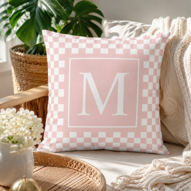 Coussin Monogramme à carreaux rose personnalisé (Créateur téléchargé)