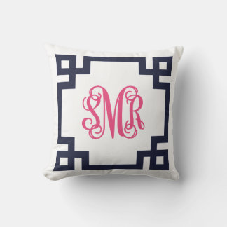 Coussin Monogramme à clé grecque marine et rose - SMR.