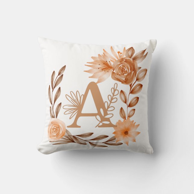 Coussin Monogramme A, couleurs automnales florales, bruns  (Recto)