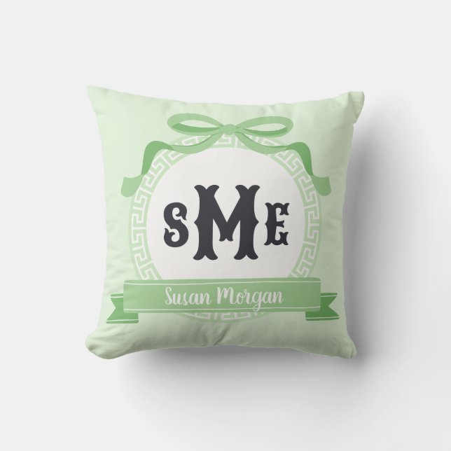 Coussin Monogramme à l'arc à clé grecque inversée vert men (Recto)