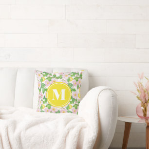Coussin Monogramme à motif de citron floral rose
