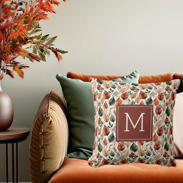 Coussin Monogramme à motif de feuilles de terre cuite et d (Créateur téléchargé)