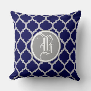 Coussin Monogramme à motif quatrefeuilles bleu marine