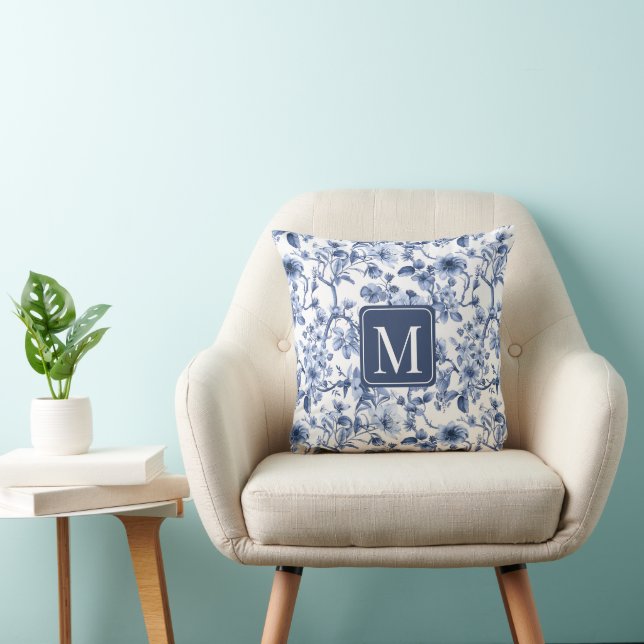 Coussin Monogramme à motif toile de Jouy fleuri bleu vinta (Chaise)