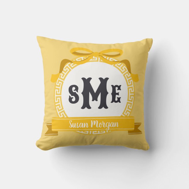 Coussin Monogramme à nœud à clé grecque inversée jaune vif (Recto)