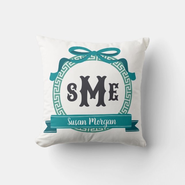 Coussin Monogramme à nœud à clé grecque sarcelle foncée (Recto)