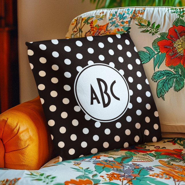 Coussin Monogramme à pois noir et blanc (Black and White Polka Dot Monogram Throw Pillow)