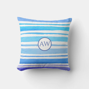 Coussin Monogramme à rayure bleue marine aquarelle nautiqu