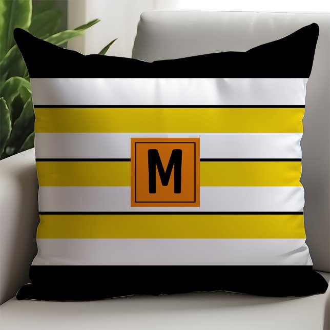 Coussin Monogramme à rayures jaunes audacieuses (Créateur téléchargé)