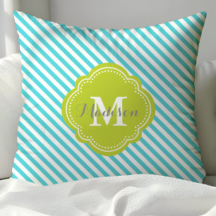 Coussin Monogramme à rayures turquoise et verte