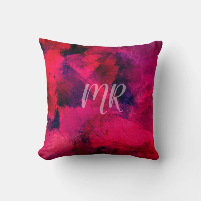 Coussin Monogramme Abstrait Aquarelle Rose Rouge Violet (Recto)