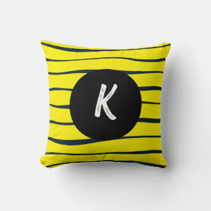 Coussin Monogramme Abstrait de lignes noir et jaune