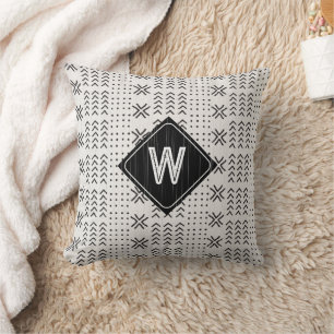 Coussin Monogramme africain en tissu de boue noir géométri