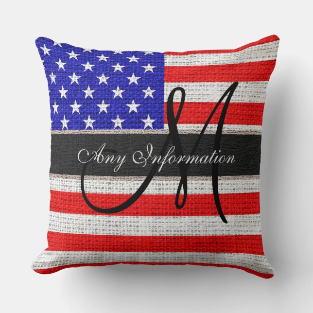 Coussin Monogramme American Flag Burlap Linen Russe Jute (Recto)