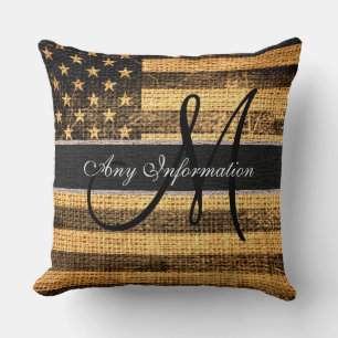 Coussin Monogramme American Flag Burlap Linen Rustique Jut