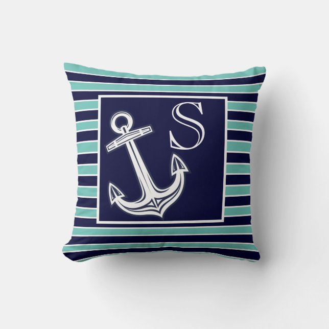Coussin Monogramme Ancre marine Bleu Bandes Turquoises (Recto)