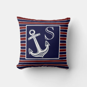 Coussin Monogramme Ancre marine Bleu Maroon rayures