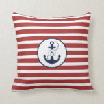 Coussin Monogramme Ancre marine rouge<br><div class="desc">Bandes marines rouges avec ancre bleu marine et monogramme.</div>