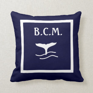 Coussin monogramme ANCRES DE BALEINE BLANC sur BLEU