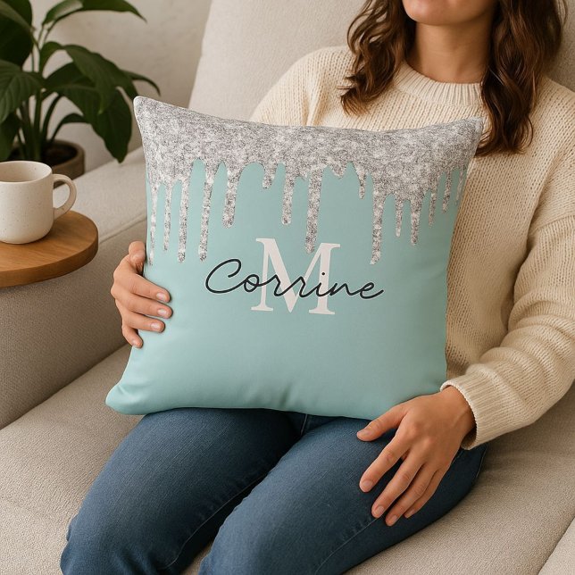 Coussin Monogramme Aqua Blue Foil + Parties scintillant à  (Créateur téléchargé)