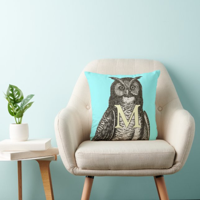Coussin Monogramme Aqua jaune Grey Chouette Vintage Illust (Chaise)