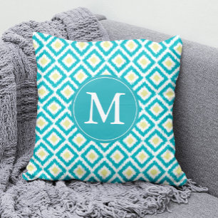 Coussin Monogramme Aqua Lemon Diamonds Ikat Motif
