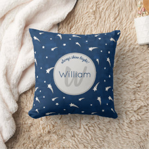 Coussin Monogramme Aquarelle Bleu Marine Étoiles Filantes