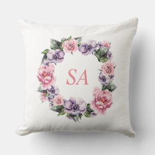 Coussin Monogramme Aquarelle Couronne Florale Rose Violet