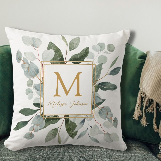 Coussin Monogramme Aquarelle Feuilles Tropicales Vertes Bl (In situ)