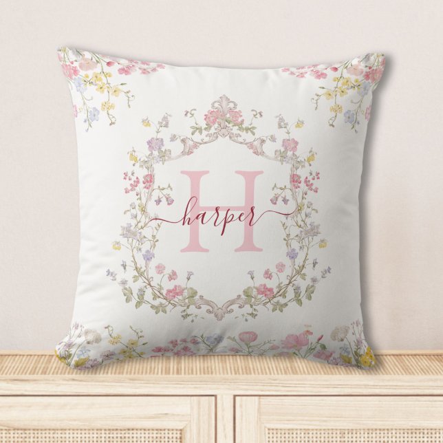 Coussin Monogramme Aquarelle Fleurs Rose Personnalisé (Créateur téléchargé)