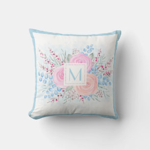 Coussin Monogramme Aquarelle Pastel Rose Roses Bleues Feui
