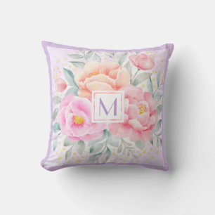 Coussin Monogramme Aquarelle pivoines Roses rose Floral Bo