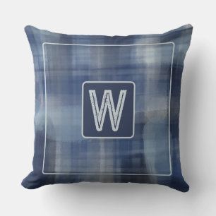Coussin Monogramme aquarelle plaid bleu marine gris tartan