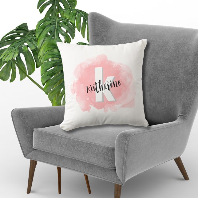 Coussin Monogramme aquarelle rose (Modern Pink Watercolor Monogrammed Throw Pillow)