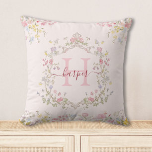 Coussin Monogramme Aquarelle Rose Floral Personnalisé