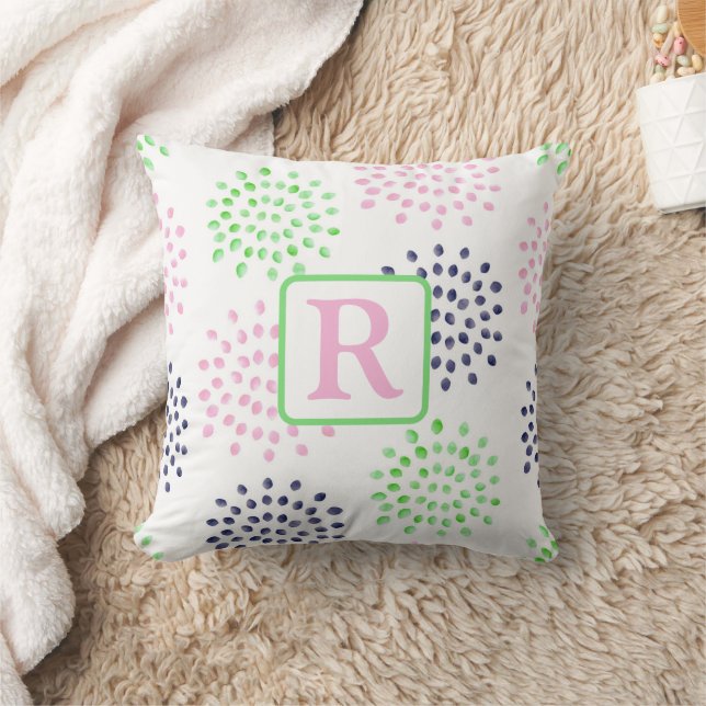 Coussin Monogramme aquarelle rose navy vert motif floral (Couverture)