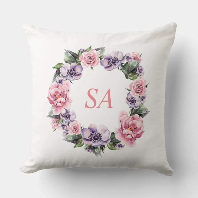 Coussin Monogramme Aquarelle rose pourpre couronne florale (Recto)