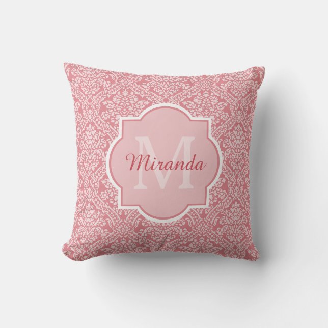 Coussin Monogramme assez rose de motif de damassé avec le (Recto)