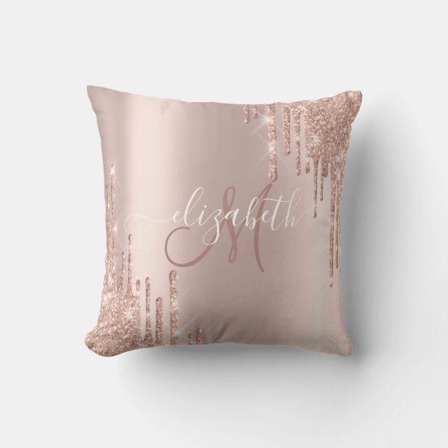 Coussin Monogramme aux Gouttes de Paillettes Or Rose Éléga (Recto)