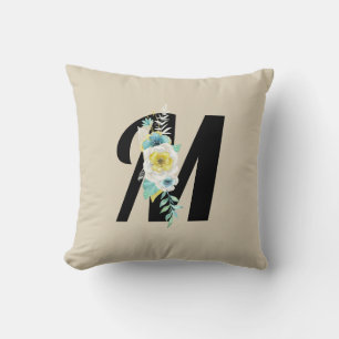 Coussin Monogramme avec motif floral en aquarelle et blanc