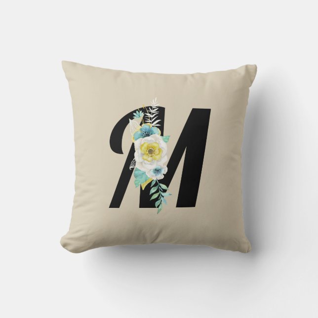 Coussin Monogramme avec motif floral en aquarelle et blanc (Recto)