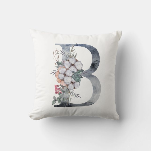 Coussin Monogramme B Initial B, Aquarelle Bleu Peach Rose (Recto)