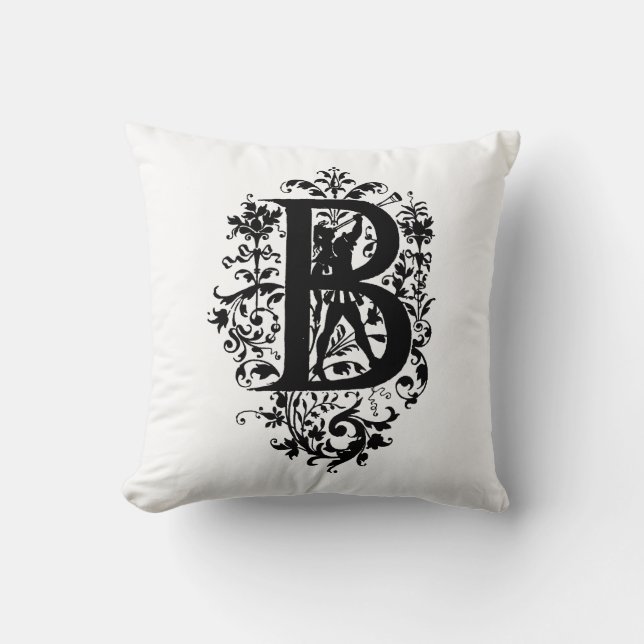 Coussin Monogramme B Modèle floral noir et blanc initial (Recto)