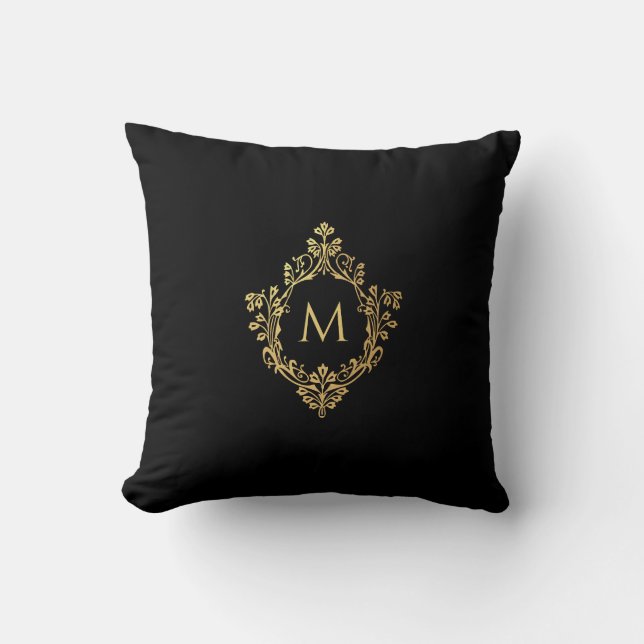Coussin Monogramme Black Faux Gold Crest Élégant Vintage (Recto)