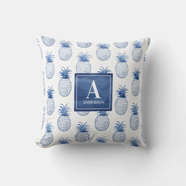 Coussin Monogramme Blanc Bleu Aiguille Tropicale Extérieur (Recto)